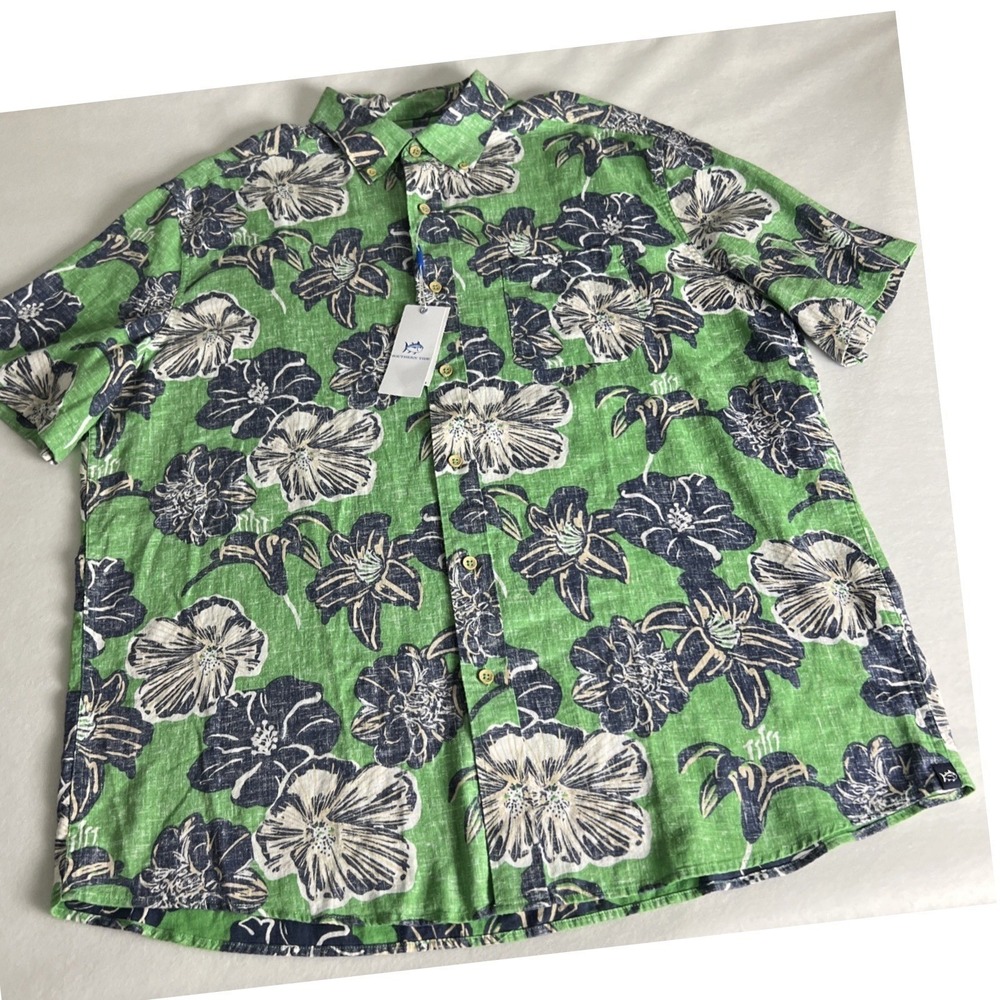 Southern Tide Mens Shirt Size Large Short Sleeve Linen Blend Beach Bloom A59‎